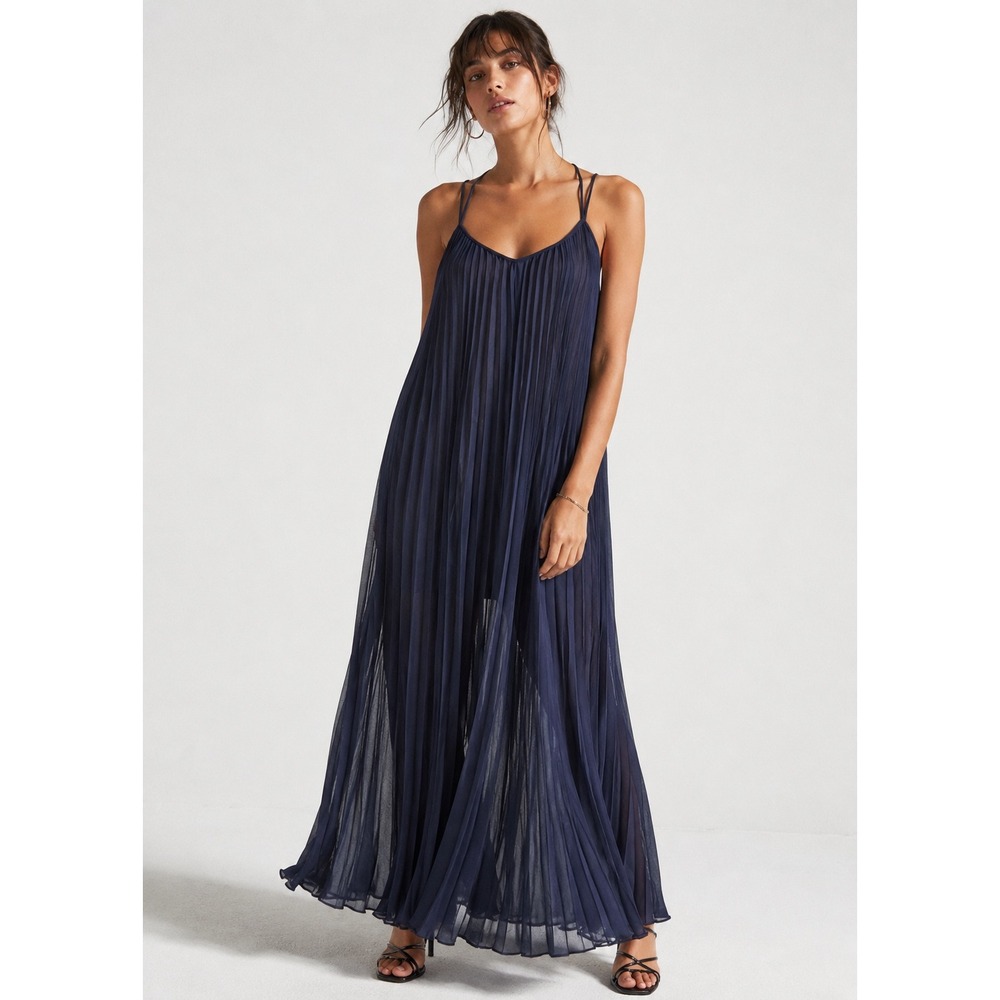 BCBGMAXAZRIA Isadona Navy Pleated Maxi Dress XXS Crisscross Strappy Backward